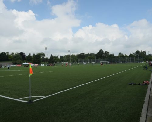 Campo de futebol, focado na linha de fundo e no escanteio, com bandeira amarela e laranja em destaque